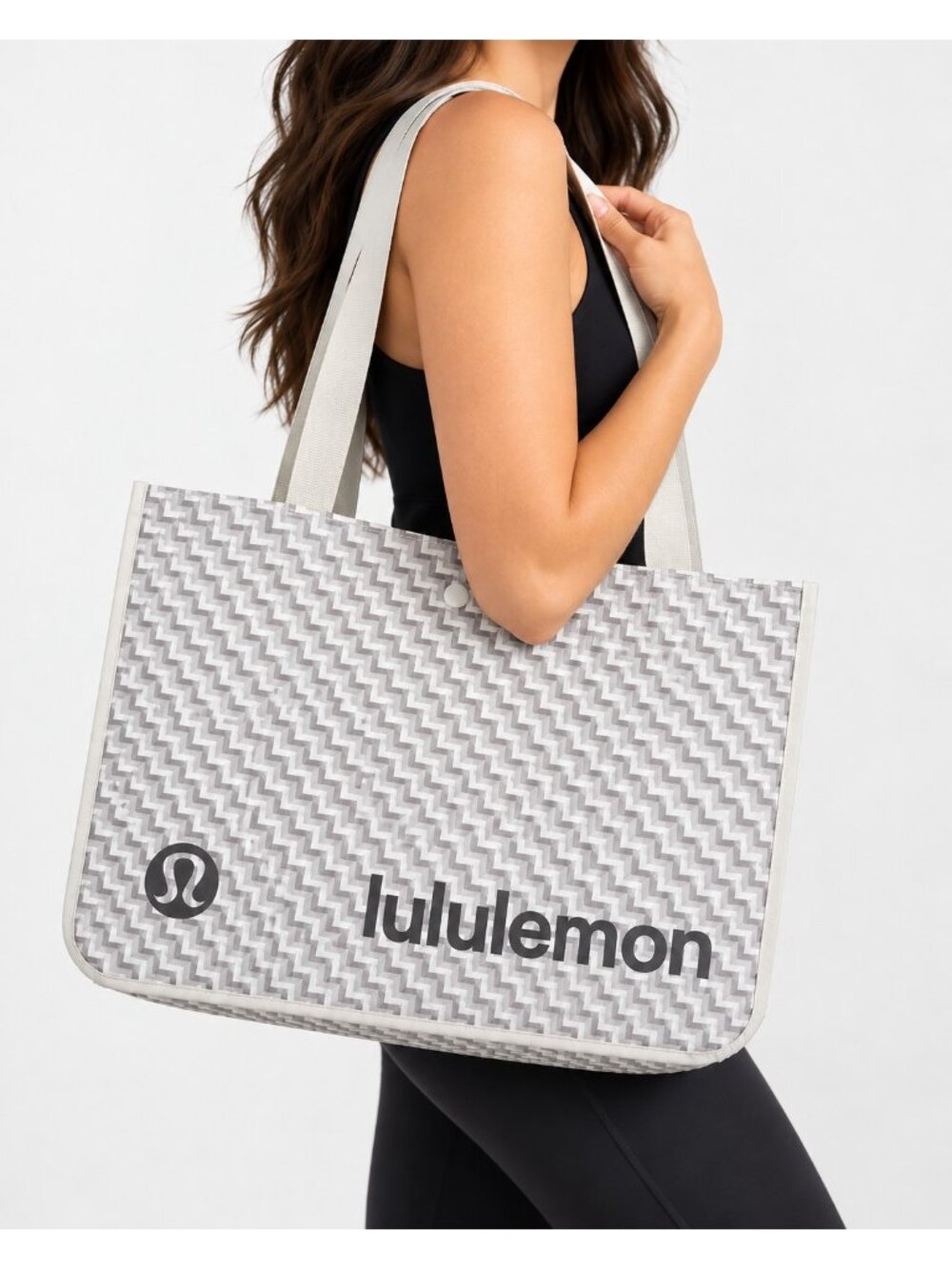 Lululemon Large Reusable Shopping Tote Bag Taupe White Chevron Logo Gym Yoga